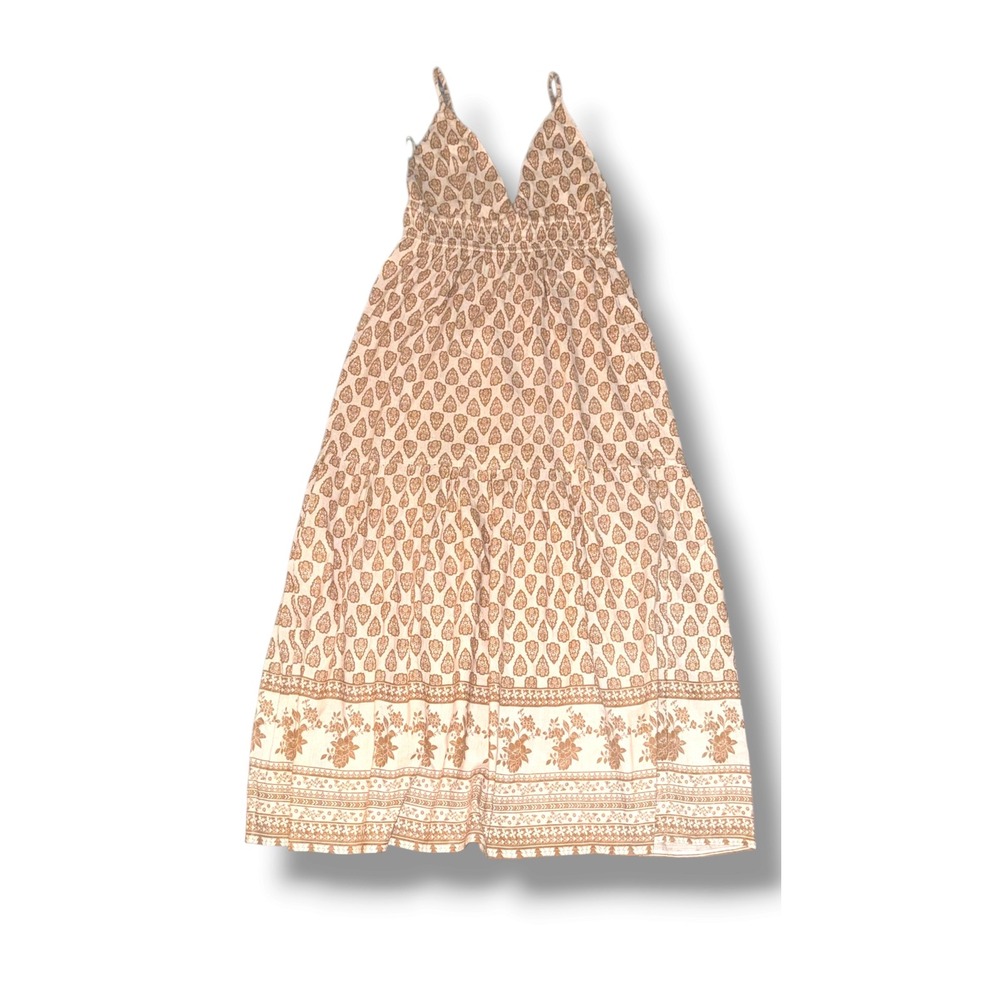 Sim & Sam Maxi Dress Women Medium Beige Paisley Floral Tiered Boho V-Neck